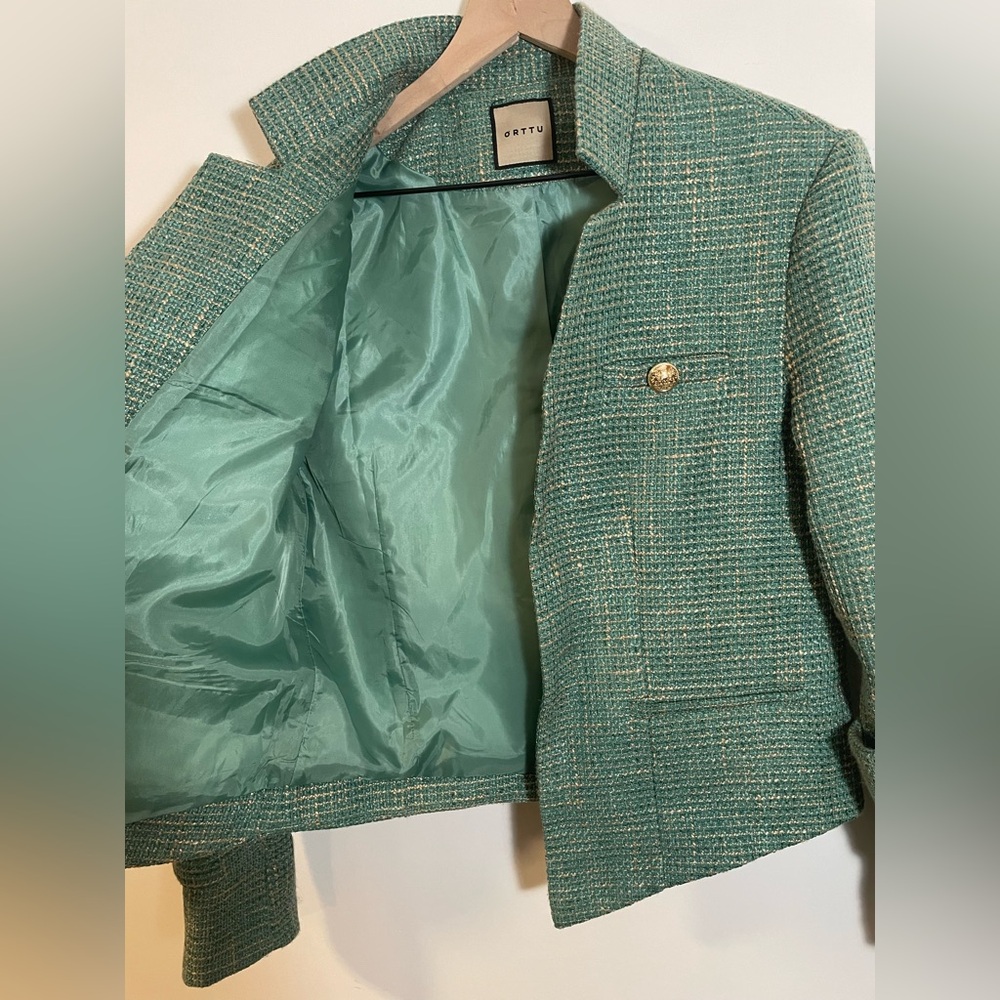 ORTTU Star Neck Jacket Green Tweed Gold Accents Size Medium Military Glamor $290 - Picture 6 of 13